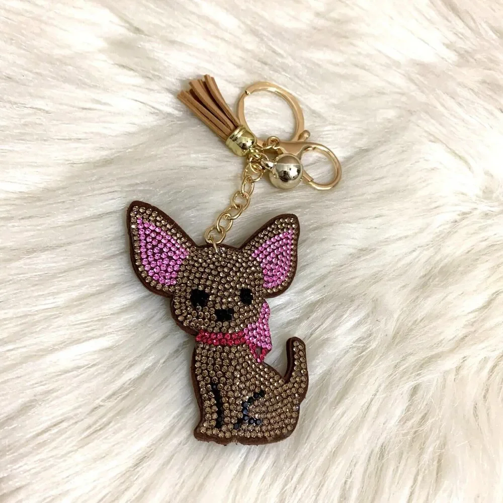 CHIHUAHUA Dog Key Ring Fob Clip on Plush Purse Charm Rhinestones Bling Brown